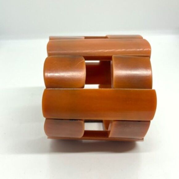 VINTAGE RUST BROWN GEOMETRIC STRETCH BANGLE MODERNIST PLASTIC BAKELITE LOOK - Picture 3 of 10